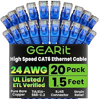 GearIT Cat 6 Ethernet Cable Pack - 20-Pack 1.5 ft Cat6 Ethernet Patch Cables | RJ45 Network Patch Cable, 10 Gbps Snagless Gold-Plated Connectors - Ethernet Cable Cat 6 for PC, TV, Router - Blue