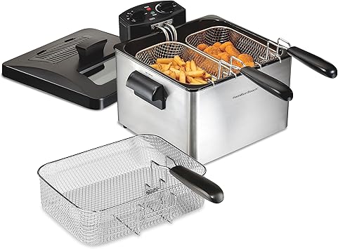 Hamilton Beach Electric Deep Fryer with 3 Baskets and Lid, 4.5 Liters / 19 Cups Oil Capacity, Temperature Control, View Window, Professional Style, 1800 Watts, Stainless Steel (35034)