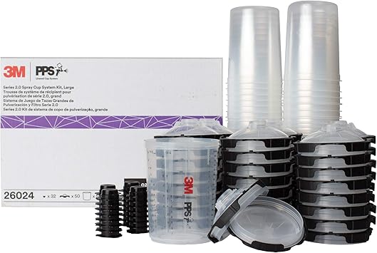 3M PPS 2.0 Spray Gun Cup, Lids and Liners Kit, 26024, Large, 28 Ounces, 200-Micron Filter, Use for Cars, Furniture, House and More, 1 Paint Cup, 50 Disposable Lids and Liners, 32 Sealing Plugs