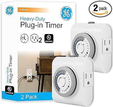 GE 24‑Hour Mechanical Outlet Timer Switch, Dual Grounded Plug‑in Control for Indoor Lighting, Lamps, Christmas Trees, Fans and Small Appliances (2 Pack), 46211