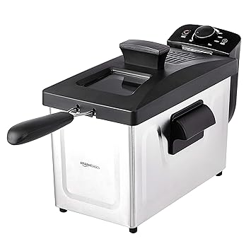 Amazon Basics 3.2-Qt (3.0L) Electric Deep Fryer with Adjustable Temperature Control, Easy Draining Basket, Viewing Window, Fast-Heating 1500W, Stainless Steel Exterior, Black & Silver