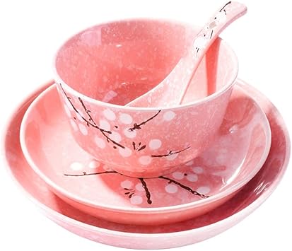 4-Piece Dinnerware Set, Plate, Dish, Bowl, Spoon, Japanese Hand-painted Tableware set(Pink plum)