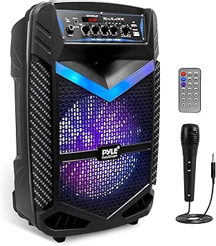 Pyle Portable Bluetooth PA Speaker System - 600W Rechargeable Outdoor Bluetooth Speaker Portable PA System w/ 10” Subwoofer 1” Tweeter, Recording Function, Mic In Party Lights USB/SD Radio
