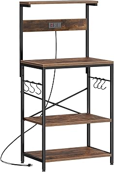 SUPERJARE Kitchen Bakers Rack with Power Outlet, Coffee Bar Table 4 Tiers, Kitchen Microwave Stand with 6 S-shaped Hooks, Storage Shelf Rack for Spices, Pots and Pans - Rustic Brown