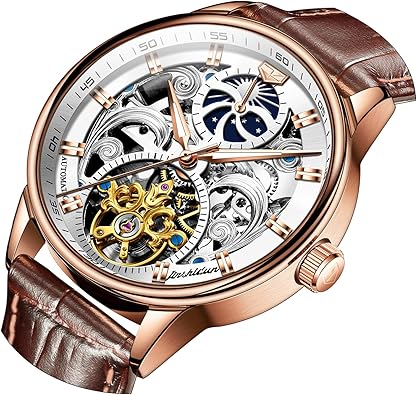 OLEVS Gold Skeleton Men's Automatic Mechanical Watches self Winding Luxury Dress Shiny Diamond Stainless Steel Waterproof Luminous Wrist Watches