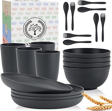 Wheat Straw Dinnerware Sets, Homienly 20pcs Unbreakable Microwave Dishwasher Safe Tableware Lightweight Bowls, Cups, Plates Set Reusable Dinner Plates Bowls set (Dark Grey)