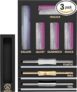 DALSHABET 9 IN1 Bamboo Storage Bag Drawer Organizer with Cutter, Foil and Plastic Wrap Dispenser for Kitchen Storage Compatible with All Brands Gallon, Quart, Sandwich & Snack Size Bags - Black