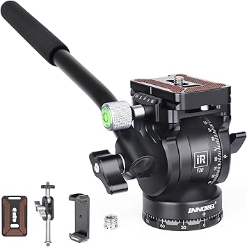 INNOREL F20 Fluid Head,Tripod Pan Tilt Head Mini Pan Metal Camera Video Tripod Head with 2 Arca Swiss Quick Release Plates, Handle, Magic Arm & Phone Clip for Video DSLR Cameras, Max Load 11lb/5kg
