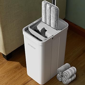 JOYMOOP Flat Mop System, Microfiber Mop and Bucket Set, White, Commercial & Household Use, Hardwood Floor & Wall Cleaning Mop with Long Handle, 4 Microfiber Pads
