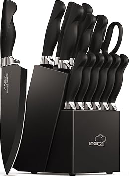 Amorston Knife Set, 15 Pieces Knives Set for Kitchen Knife Set with Block and Sharpener, Dishwasher Safe Knife Block Set German Stainless Steel Kitchen Knife Sets for New Home Fathers Day Gift