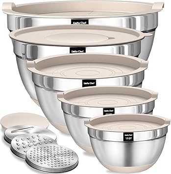 Umite Chef Mixing Bowls with Airtight Lids Set, 8PCS Stainless Steel Nesting Bowls with Grater Attachments, Non-Slip Bottoms, 5, 4, 3.5, 2, 1.5QT for Mixing & Serving