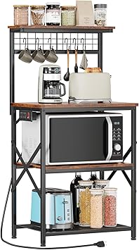 Furologee Kitchen Bakers Rack with Power Outlet, Microwave Oven Stand with Storage 4 Tiers, Coffee Bar Table with 6 S Hooks, Kitchen Storage Shelf Rack for Spices, Pots, Rustic Brown