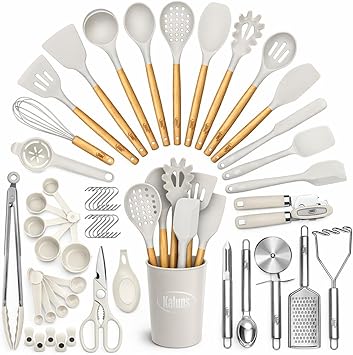 Kaluns 50 PCS Silicone Kitchen Utensils Set Complete Kitchen Set - 800°F Heat Resistant Non-Stick Premium Cooking Utensils W Wooden Handles - Can Opener, Masher, Turner, Silicone Spatula Set