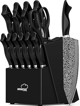 Knife Set, 15 Pieces Kitchen Knife Set with Built in Sharpener, High Carbon German Stainless Steel Knife Block Set, Dishwasher Safe, Mothers Day Gifts