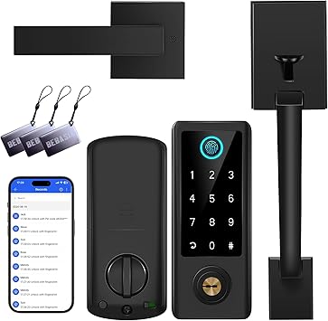 Fingerprint Door Lock with Handle Sets, BEBASIA Keyless Entry Door Lock, Bluetooth Front Handle Set, Smart Deadbolt, Electronic Keypad Digital Lock with Handle, Black