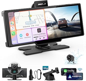 Portable Apple Carplay Screen, 10’’ Car Stereo Wireless Car Play & Android Auto Touch Screen, 4K Dash Cam, 1080P Backup Camera, Mirror Link/Voice Control/Music Play/GPS Navigation