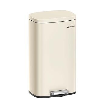 SONGMICS Trash Can with Lid, 8 Gallon Garbage Can, Stainless Steel Small Waste Bin with Step Pedal and Inner Bucket, Soft Close, Kitchen, Sand Beige ULTB003A01