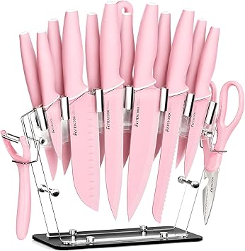 Astercook Knife Set with Block and Sharpener, 22 Piece Kitchen Knife Set Dishwasher Safe, Space-Saving Clear Knife Block with Knives for Everyday Home Cooking Pink