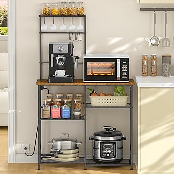 3IngSeagulls Bakers Rack with Power Outlet, Kitchen Microwave Stand with 10 S-shaped Hooks, 6-Tier Coffee Bar Station, Kitchen Storage Shelf Rack for Spices, Pots, Rustic Brown