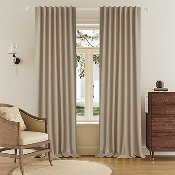 DUALIFE Taupe 102 Inch Length Curtains, 100% Blackout Curtains 84 Inch Extra Wide for Bedroom Thermal Insulated Noise Cancelling Pleated Heading Tape Ring Back Tab Kids Boho Drapes 2 Panel Set 84x102