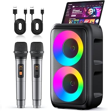 Karaoke Machine for Adults Kids, Portable Bluetooth Speaker with 2 Wireless Microphones, TWS Mode & LED Light, 10H Battery PA System, Home Party Outdoor Camping Birthday Gifts (Black)