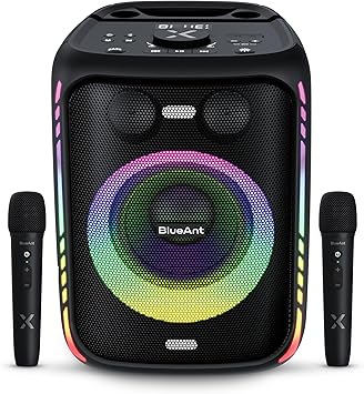 BlueAnt X5i 120W Bluetooth Party Speaker, Massive Bass Boost with Dual Wireless Microphones for Karaoke, LED Light Show, Long Battery Life, Built-in Powerbank, Black