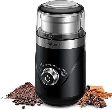 SHARDOR Electric Super Silent Blade Coffee Grinder, Timed Grind Control Rotary Knob, Adjustable Coarse to Fine for Coffee Beans, Spices & Herbs, with 1 Removable Stainless Steel Bowl, Black