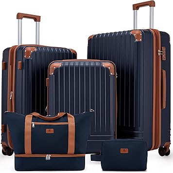 KUNEL Expandable 5 Piece Luggage Sets with Detachable Spinner Wheels and TSA Lock, Unisex Hardside ABS Suitcase Set, Hardshell Lightweight Waterproof Travel Hard Case Suitcases with Wheels, Darkblue