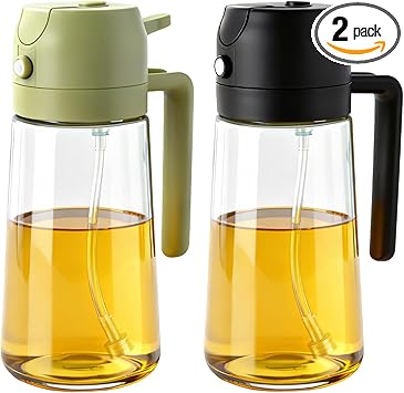 2Pcs Glass Oil Sprayer for Cooking 16oz/470ml, Kitchen Gadget for Air Fryer, Salad, BBQ, Frying（White） (Black+Green)