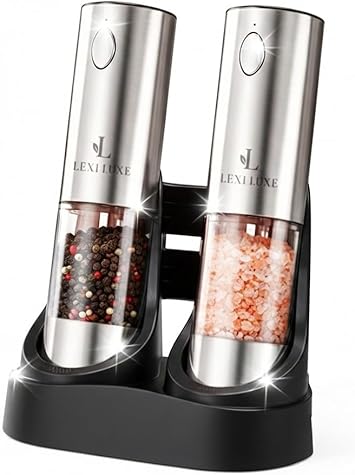 Electric Salt and Pepper Grinder Set, Rechargeable USB-C Automatic Grinder with Charging Base, LED Light, Adjustable Coarseness – Stainless Steel Pepper Mill Set (SILVER)