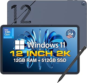 Fusion5 2026 Version 12" 2K Display Windows 11 Tablet PC with Stylus Pen - Built in USA - 12GB DDR5 RAM 512GB SSD, 13th Gen CPU, 12 inch Windows Tablet Computer, Built-in Fan, Fast Charging, Metallic